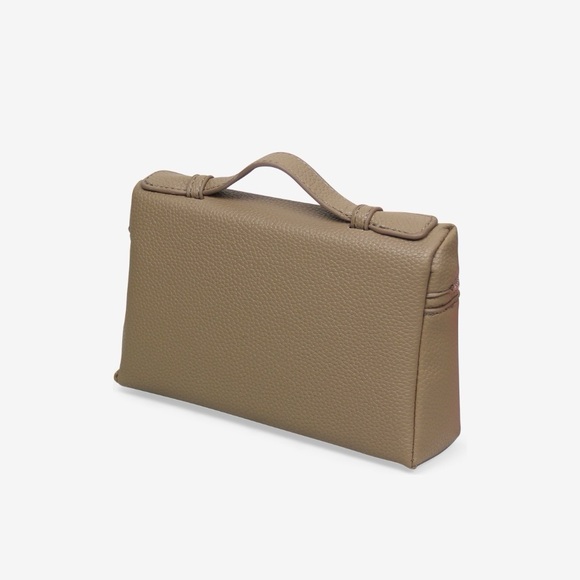 Loro Top Handle Extra Pocket Small Pouch Handbag, Tan Grained Faux Leather - Picture 3 of 3